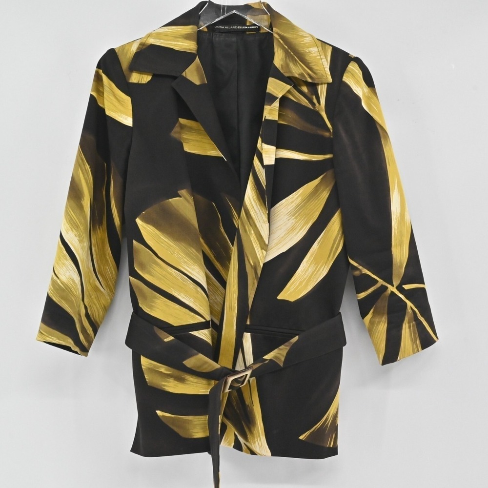 Linda Allard Ellen Tracy Tropical Blazer Womens Size 4 Black Gold Cotton Belted - Picture 1 of 16